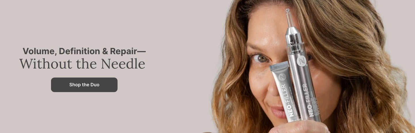 Volume, Definition & Repair—Without the Needle. Shop the Duo. Featured is a woman holding the Neo-FILLER Face & Lip Contour Duo in front of her face.